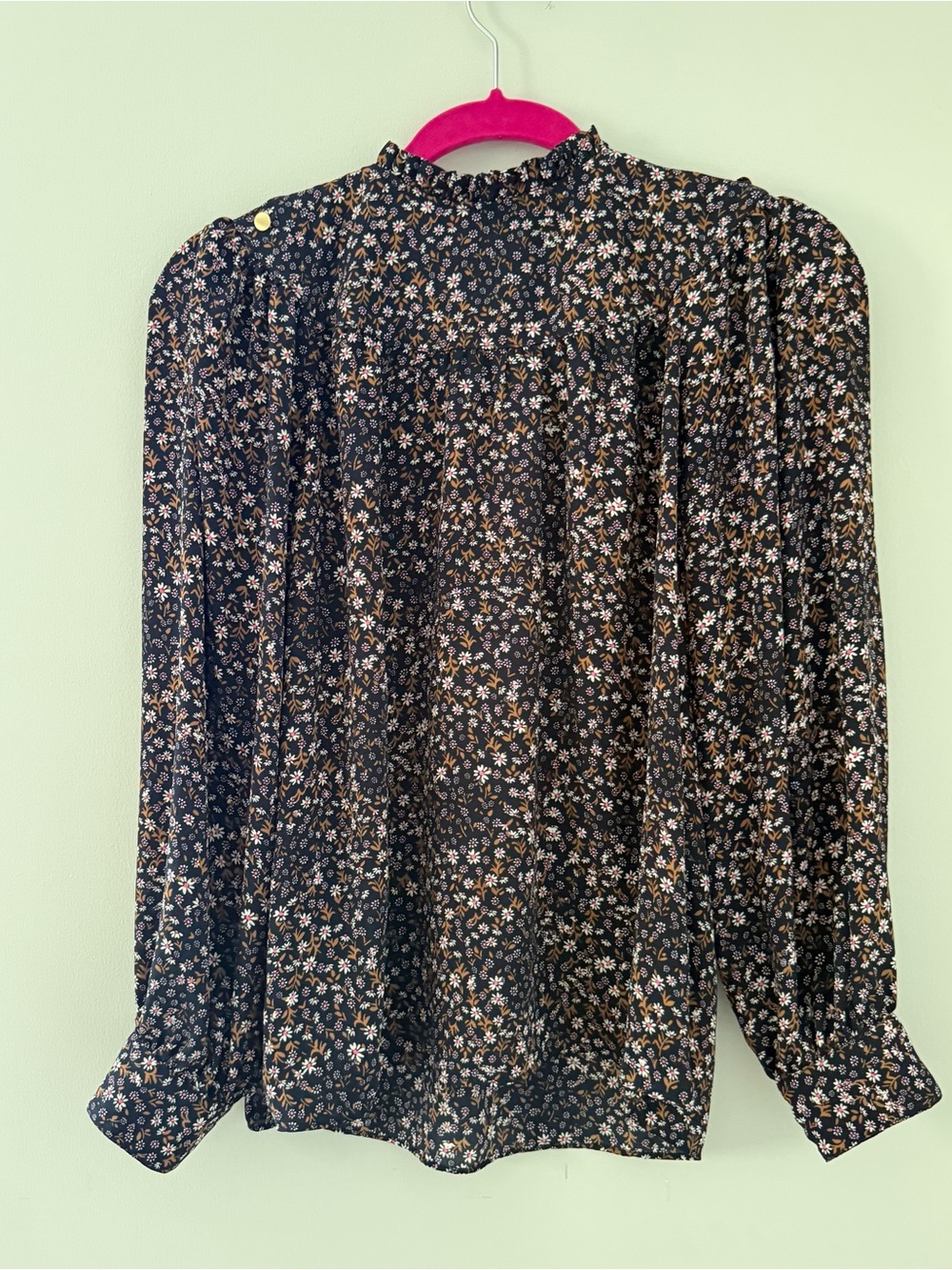 LOFT Navy Floral Ruffled High-Neck Blouse